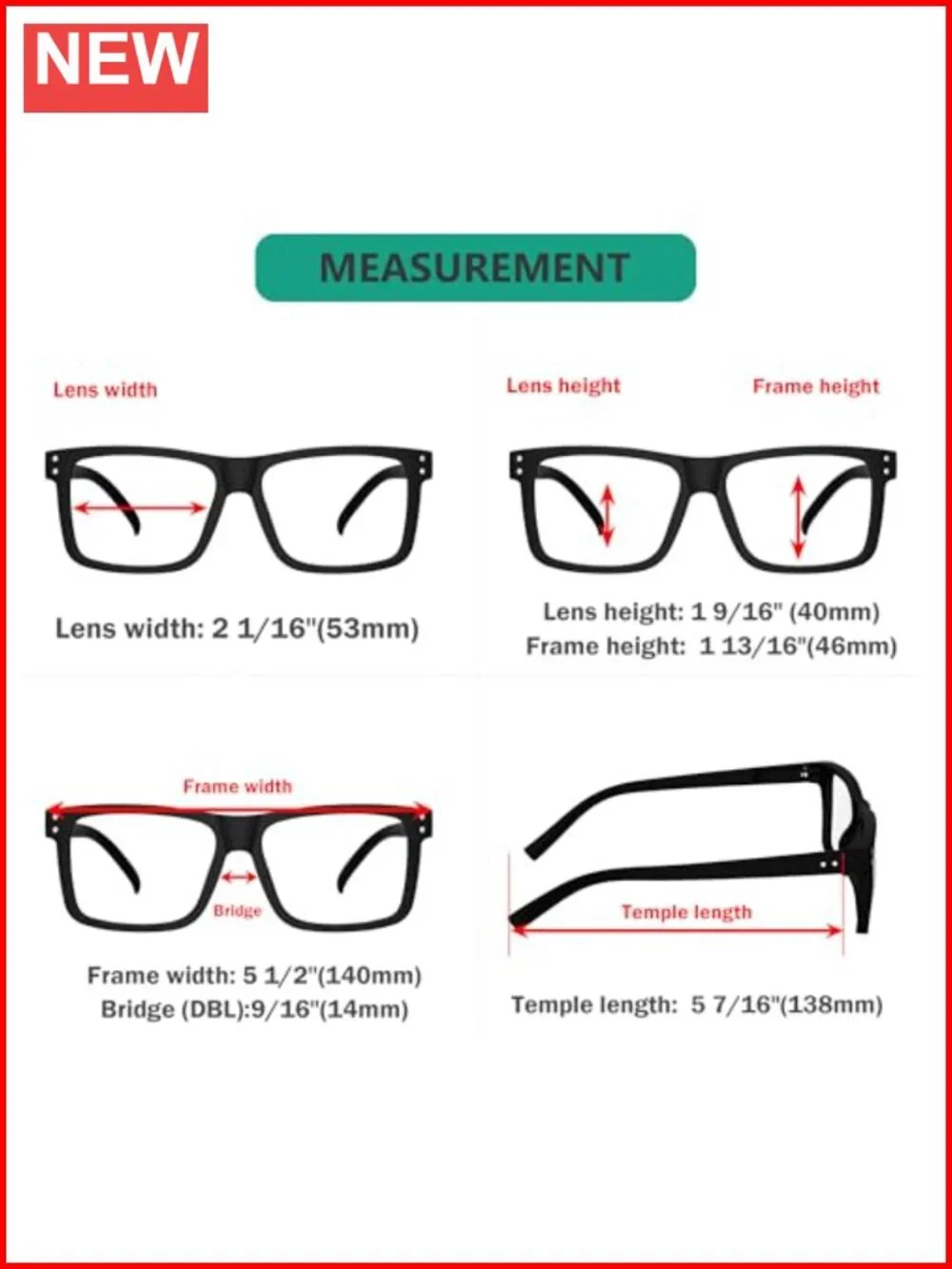 Oversized Reading Glasses 1.0 Strength Acrylic Lenses Spring Hinge